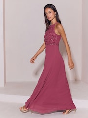 Lipsy Berry Pink Bridesmaid Embrodiery 3D Halter Maxi Dress - Image 4 of 5