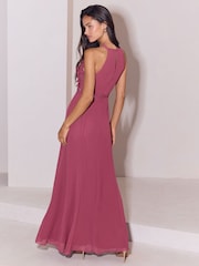 Lipsy Berry Pink Bridesmaid Embrodiery 3D Halter Maxi Dress - Image 5 of 5