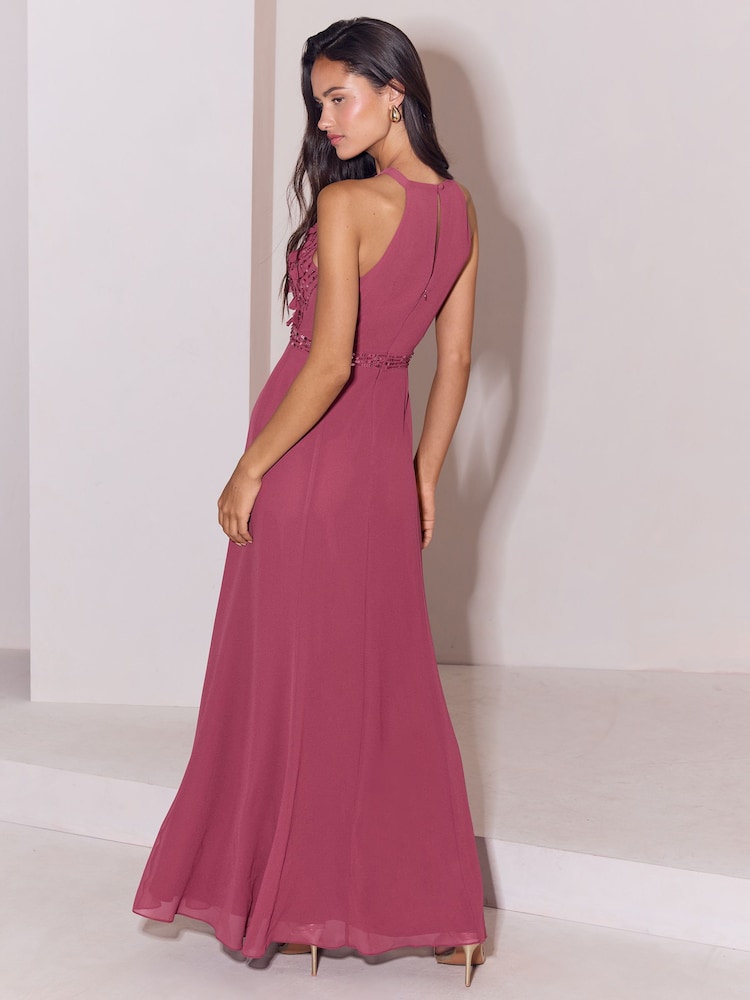 Lipsy Berry Pink Bridesmaid Embrodiery 3D Halter Maxi Dress - Image 5 of 5