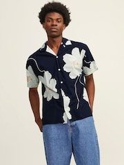 JACK & JONES Blue Printed Rever Collar Short Sleeve Shirt - Image 1 of 7