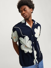 JACK & JONES Blue Printed Rever Collar Short Sleeve Shirt - Image 3 of 7