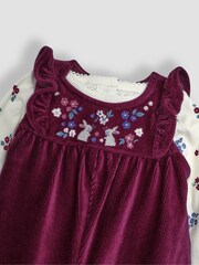JoJo Maman Bébé Plum Purple Bunny Embroidered Velour Dungarees and Top Set - Image 6 of 6