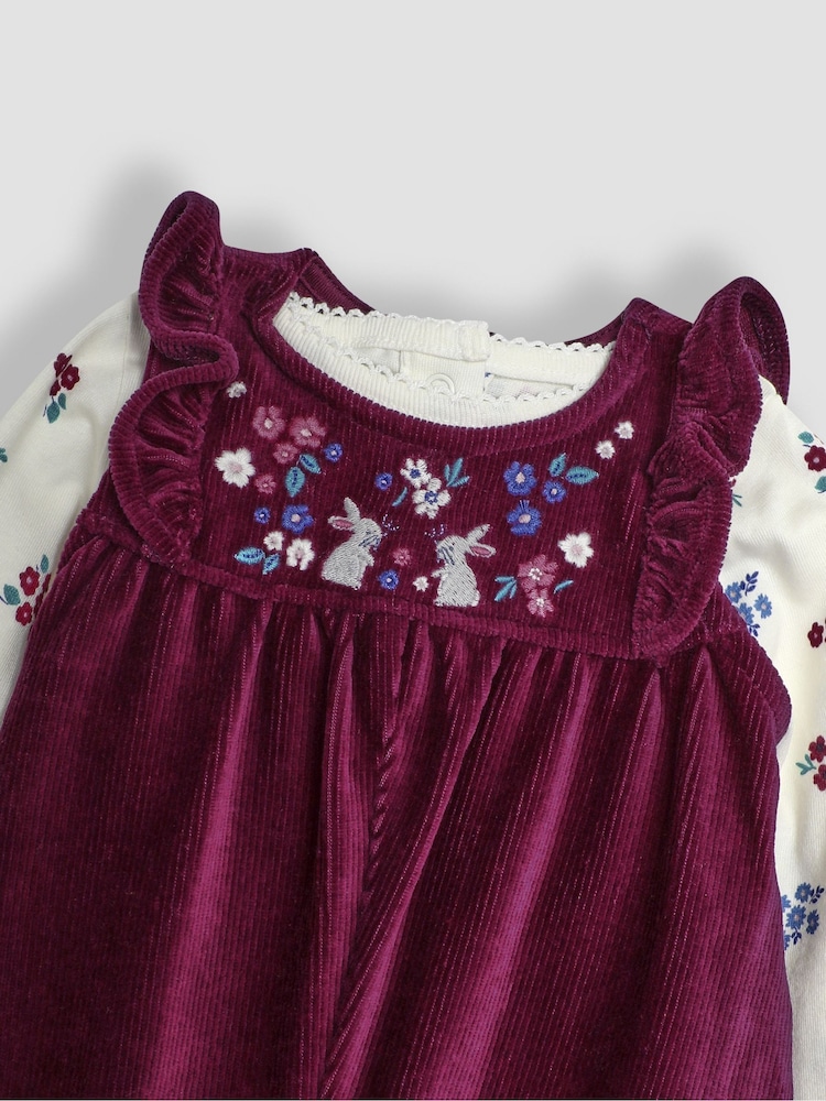 JoJo Maman Bébé Plum Purple Bunny Embroidered Velour Dungarees and Top Set - Image 6 of 6