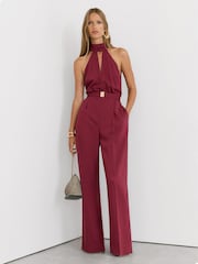 Reiss Red Jodie Petite Halterneck Belted Wide-Leg Jumpsuit - Image 1 of 8