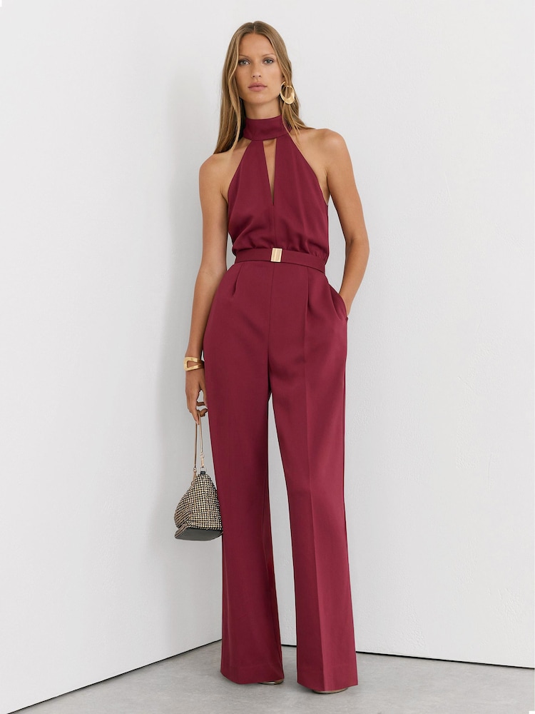 Reiss Red Jodie Petite Halterneck Belted Wide-Leg Jumpsuit - Image 1 of 8 Reiss Red Jodie Petite Halterneck Belted Wide-Leg Jumpsuit - Image 1 of 8