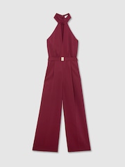Reiss Red Jodie Petite Halterneck Belted Wide-Leg Jumpsuit - Image 2 of 8