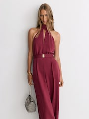 Reiss Red Jodie Petite Halterneck Belted Wide-Leg Jumpsuit - Image 4 of 8
