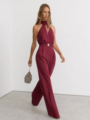 Reiss Red Jodie Petite Halterneck Belted Wide-Leg Jumpsuit - Image 5 of 8