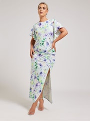 Yours Curve Green Floral Print Gathered Dress - Image 1 of 5