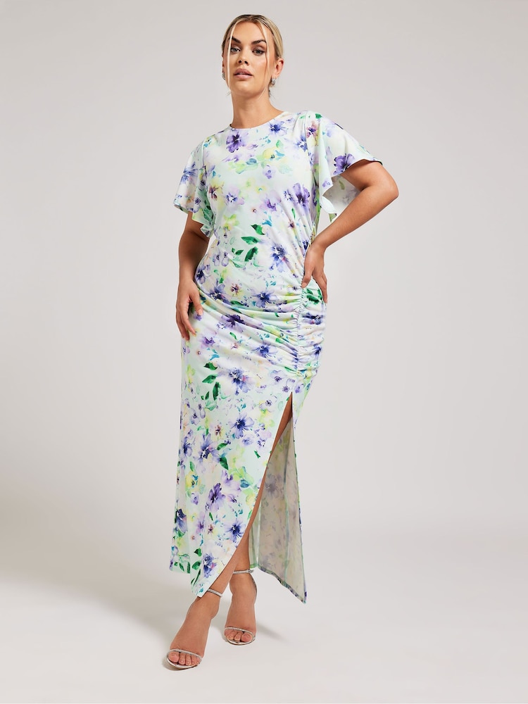 Yours Curve Green Floral Print Gathered Dress - Image 1 of 5