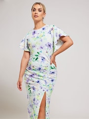 Yours Curve Green Floral Print Gathered Dress - Image 2 of 5