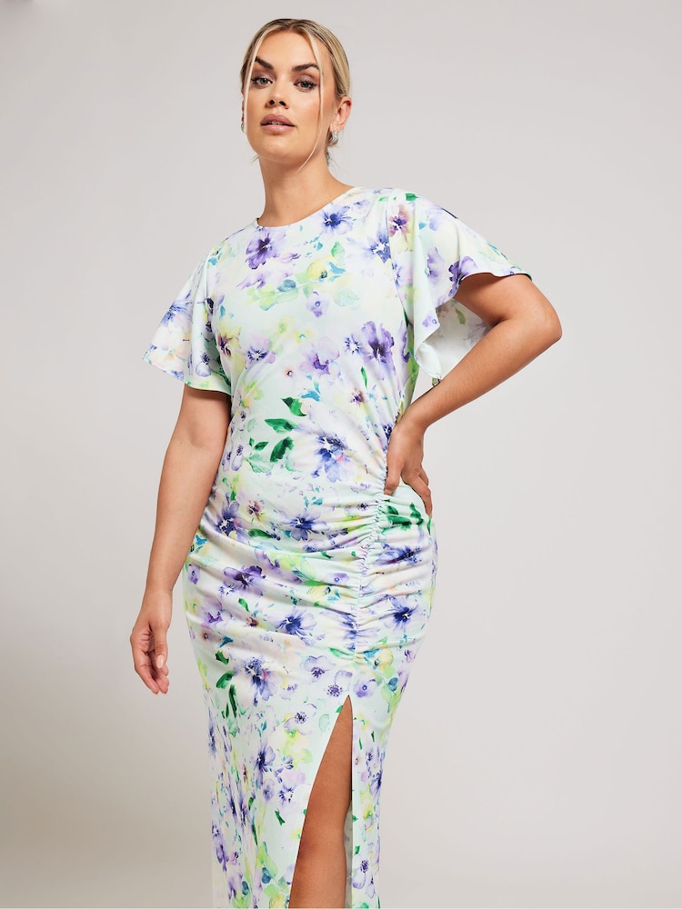 Yours Curve Green Floral Print Gathered Dress - Image 2 of 5