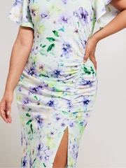 Yours Curve Green Floral Print Gathered Dress - Image 4 of 5