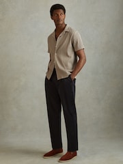 Reiss Sand/Navy Neptune Ribbed Striped Cuban Collar Shirt - Image 1 of 6