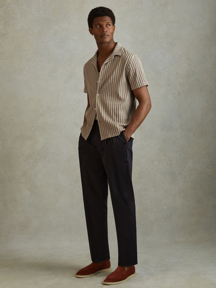Reiss Sand/Navy Neptune Ribbed Striped Cuban Collar Shirt - Image 1 of 6