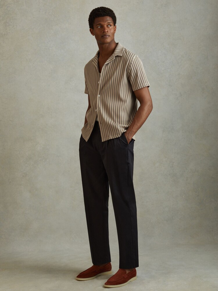 Reiss Sand/Navy Neptune Ribbed Striped Cuban Collar Shirt - Image 1 of 6 Reiss Sand/Navy Neptune Ribbed Striped Cuban Collar Shirt - Image 1 of 6