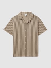 Reiss Sand/Navy Neptune Ribbed Striped Cuban Collar Shirt - Image 2 of 6