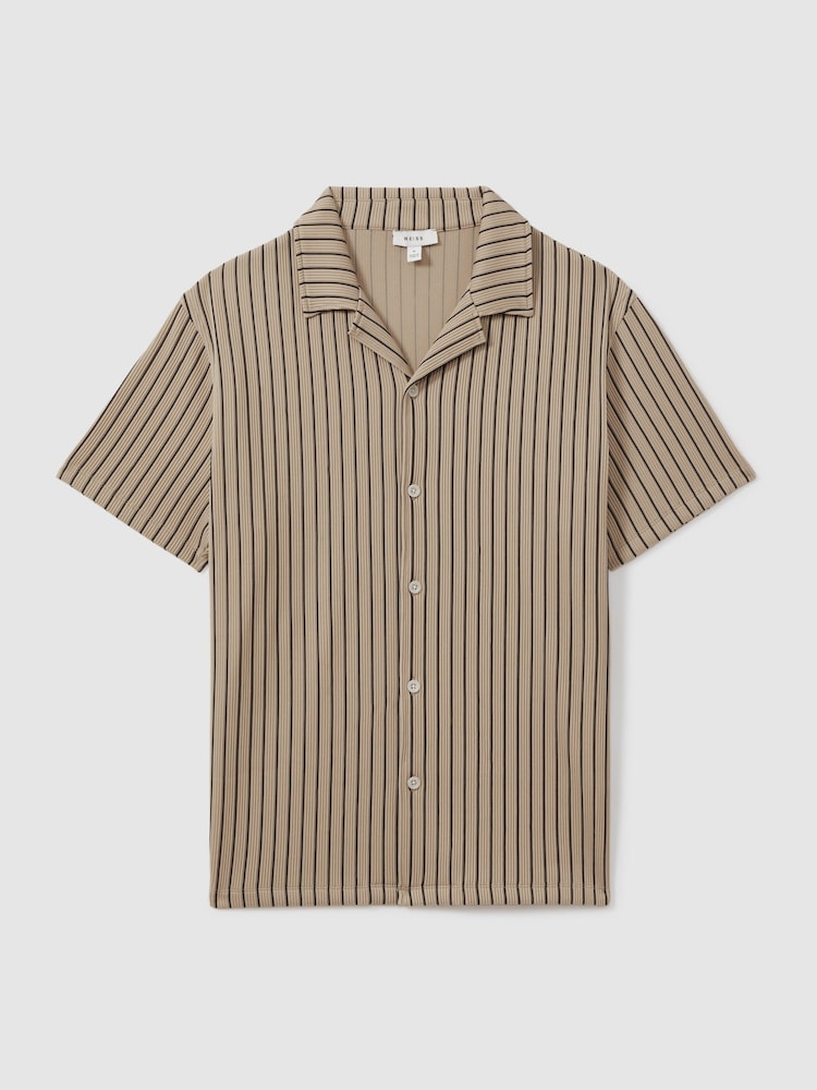 Reiss Sand/Navy Neptune Ribbed Striped Cuban Collar Shirt - Image 2 of 6
