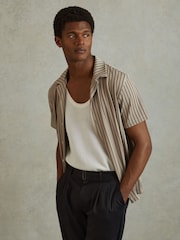 Reiss Sand/Navy Neptune Ribbed Striped Cuban Collar Shirt - Image 3 of 6