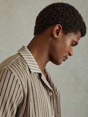 Reiss Sand/Navy Neptune Ribbed Striped Cuban Collar Shirt - Image 4 of 6