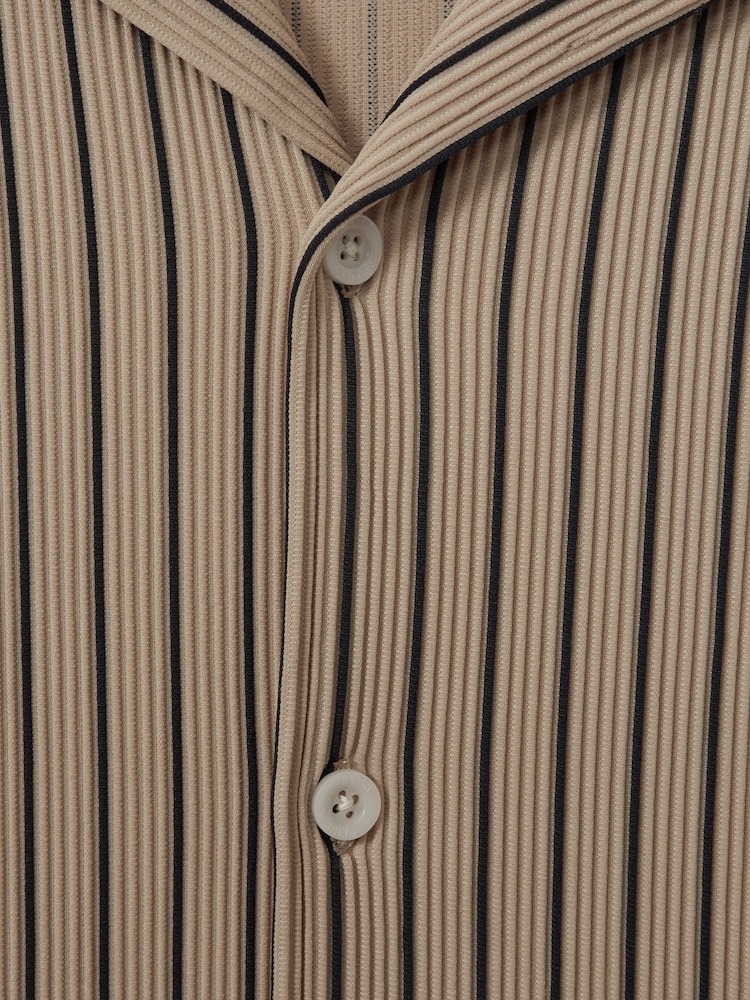 Reiss Sand/Navy Neptune Ribbed Striped Cuban Collar Shirt - Image 6 of 6