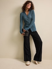 Steel Blue Pleated Long Sleeve Fitted Shirt - Image 2 of 6