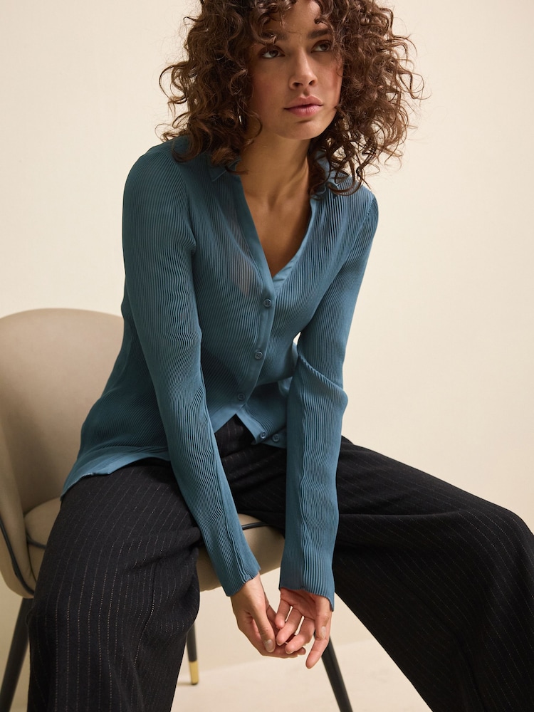 Steel Blue Pleated Long Sleeve Fitted Shirt - Image 3 of 6