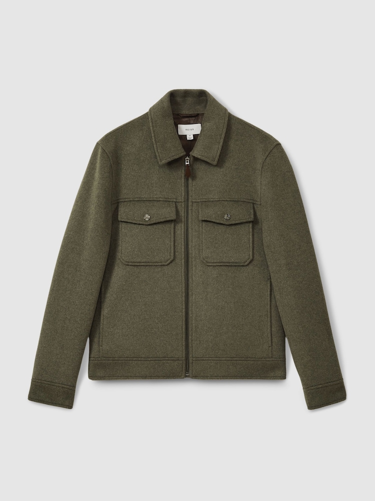 Reiss Green Smoke Peridoe Zip-Through Trucker Jacket with Wool - Image 2 of 5