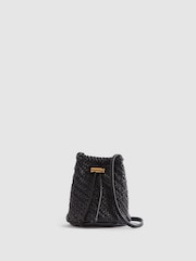 Reiss Black Berti Woven Leather Bucket Bag - Image 1 of 6