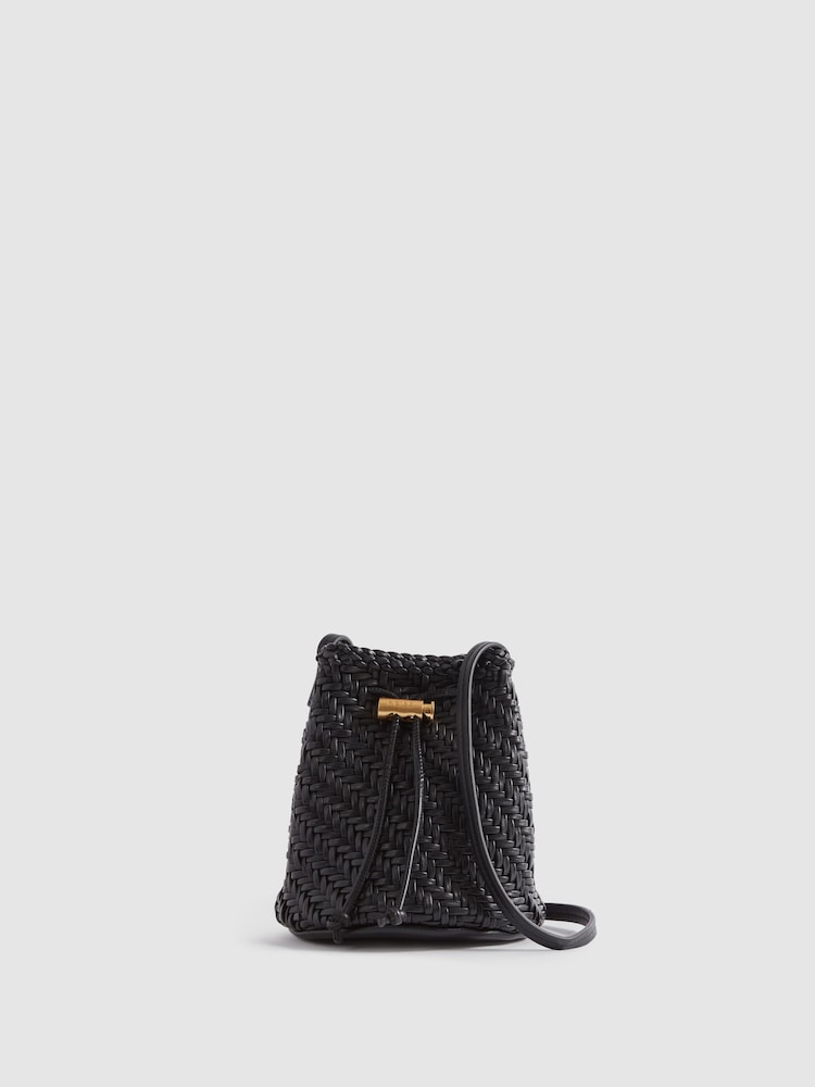 Reiss Black Berti Woven Leather Bucket Bag - Image 1 of 6