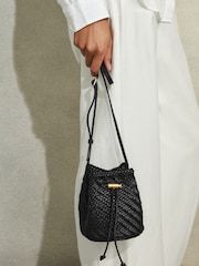 Reiss Black Berti Woven Leather Bucket Bag - Image 2 of 6