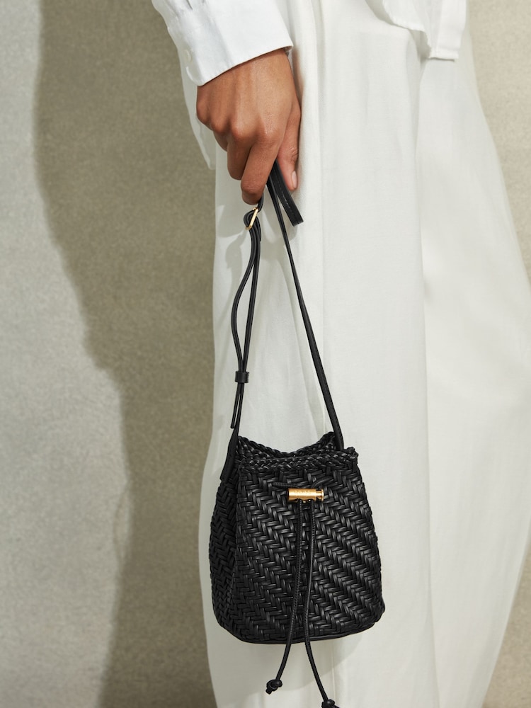 Reiss Black Berti Woven Leather Bucket Bag - Image 2 of 6