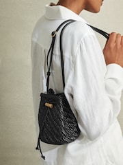 Reiss Black Berti Woven Leather Bucket Bag - Image 6 of 6