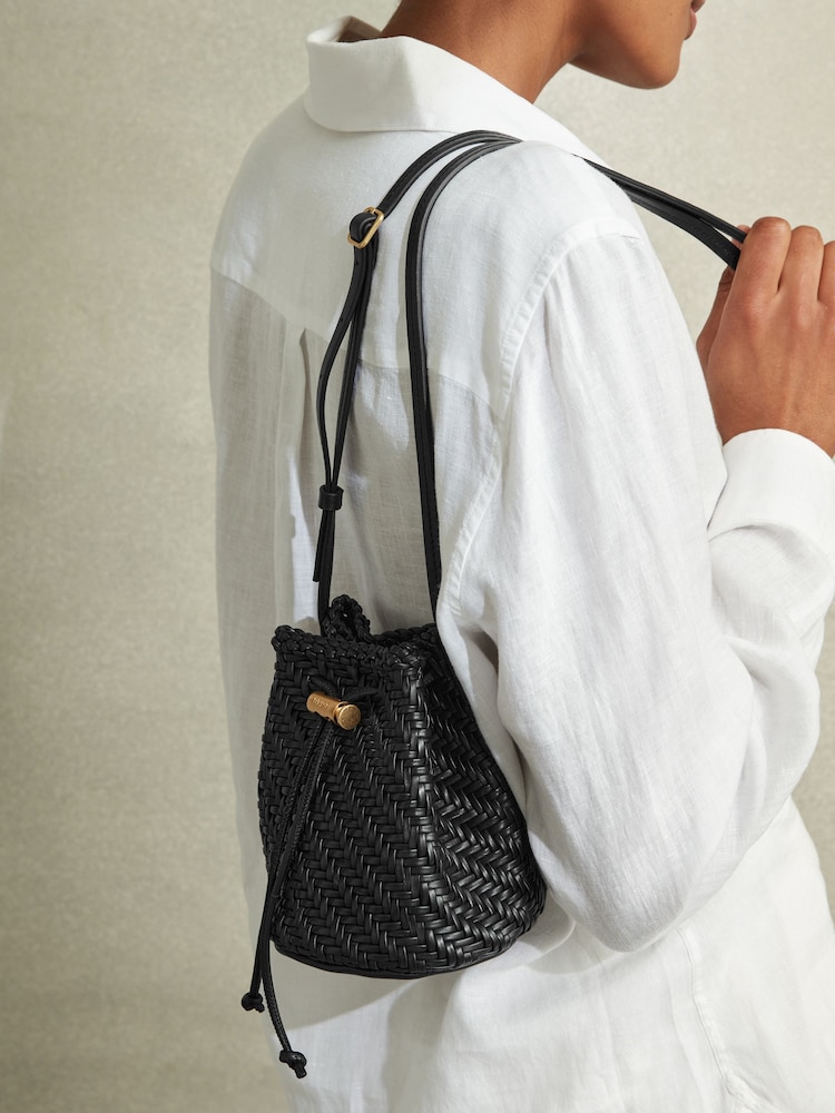 Reiss Black Berti Woven Leather Bucket Bag - Image 6 of 6