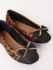 Lipsy Animal Brown Faux Leather Flat Slip On Quilted Bow Ballerina School Shoe - Image 1 of 4