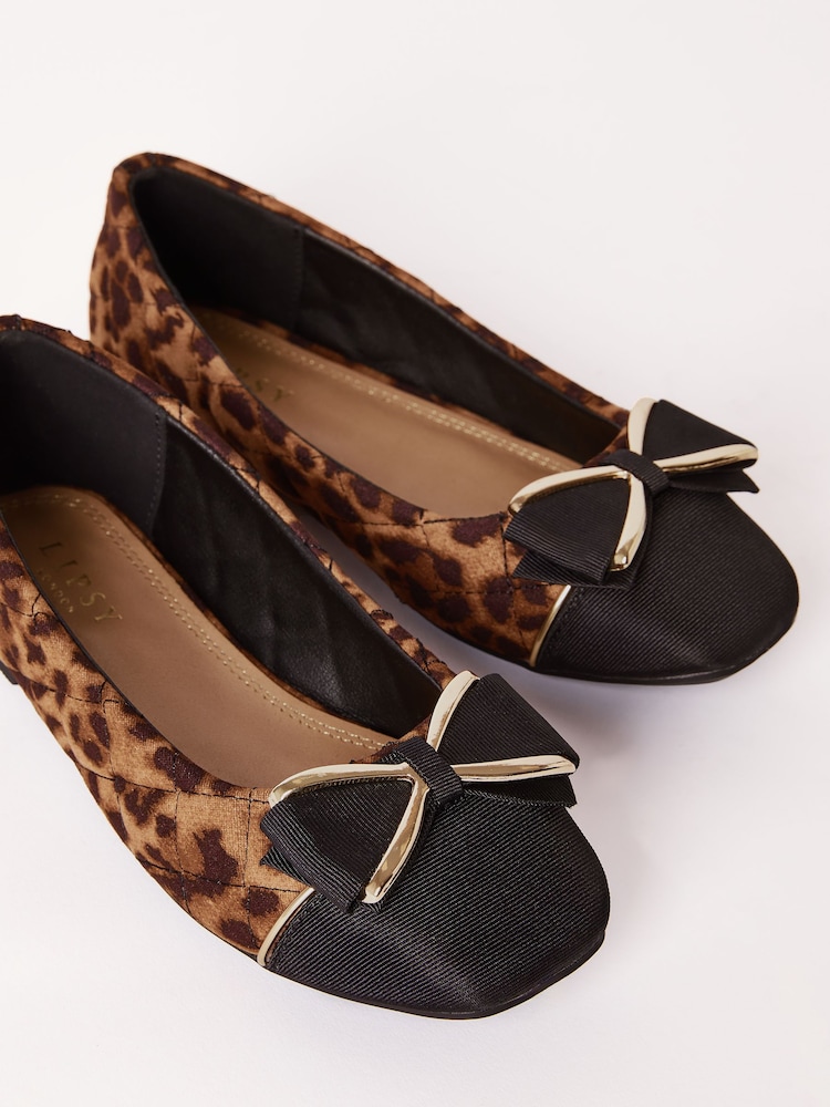 Lipsy Animal Brown Faux Leather Flat Slip On Quilted Bow Ballerina School Shoe - Image 1 of 4
