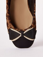 Lipsy Animal Brown Faux Leather Flat Slip On Quilted Bow Ballerina School Shoe - Image 3 of 4