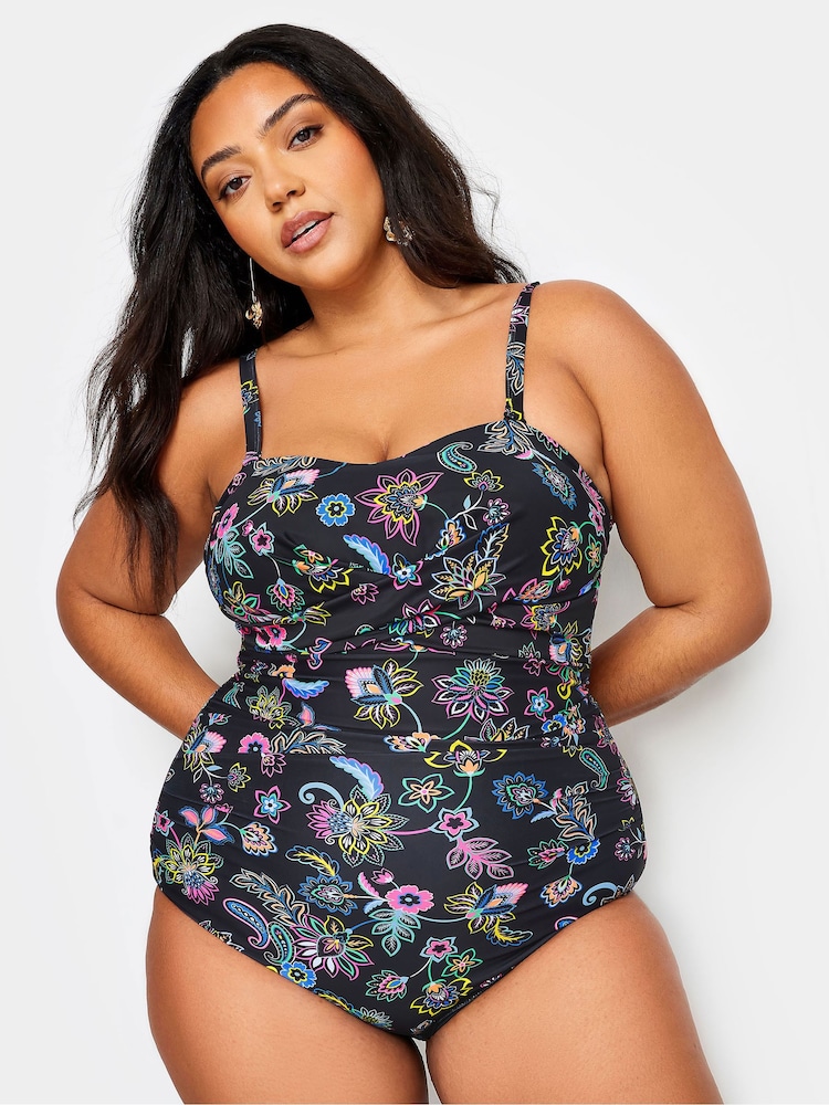 Yours Curve Black Floral Paisley Print Tummy Control Swimsuit - Image 2 of 6
