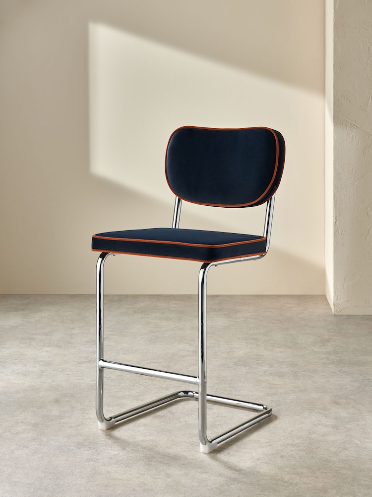 MADE.COM Dark Blue with Cinnamon Piping Parker Bar Stool in Velvet - Image 2 of 6