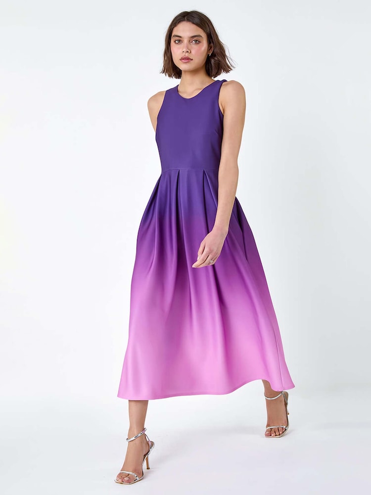 Roman Purple Ombre Pleated Luxe Stretch Midi Dress - Image 1 of 5
