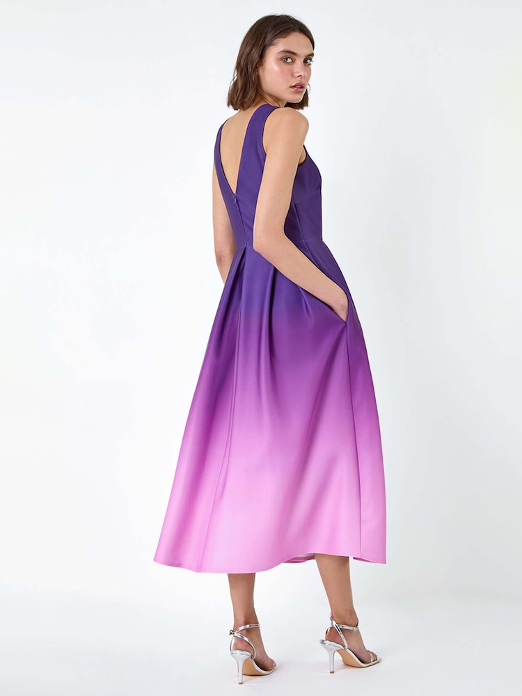 Roman Purple Ombre Pleated Luxe Stretch Midi Dress - Image 2 of 5