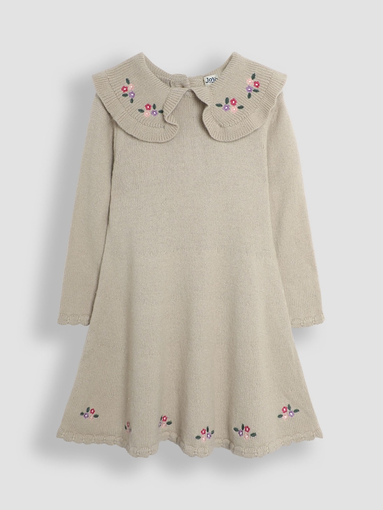 JoJo Maman Bébé Grey Flower Embroidered Collar Knit Dress - Image 1 of 3