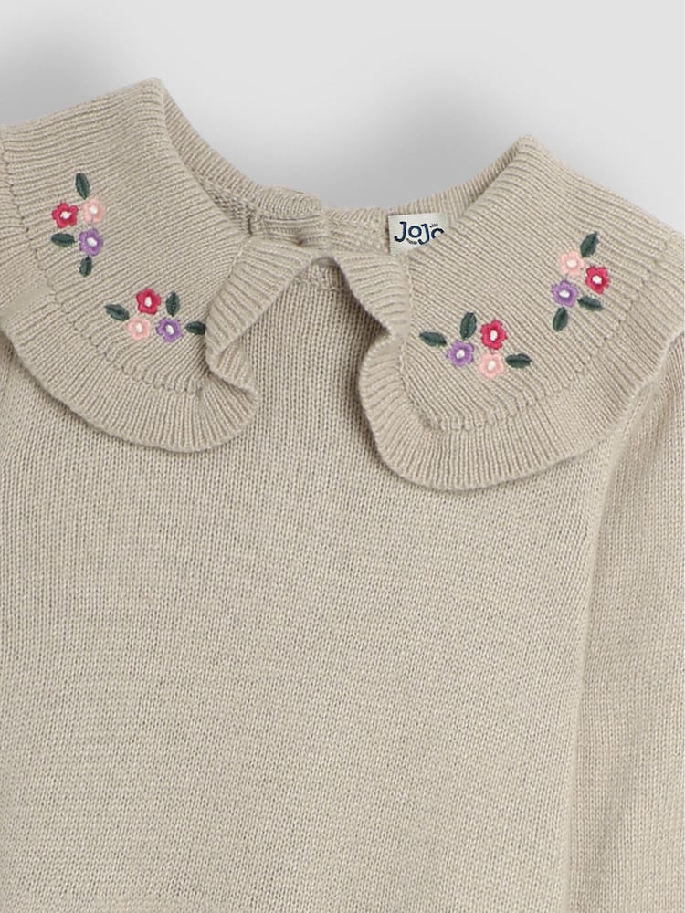 JoJo Maman Bébé Grey Flower Embroidered Collar Knit Dress - Image 3 of 3