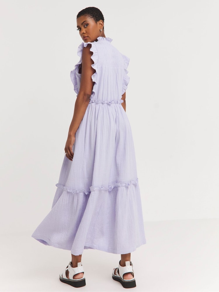 JD Williams Purple 100% Cotton Cheesecloth Smock Dress With Shirred Back - Image 2 of 4