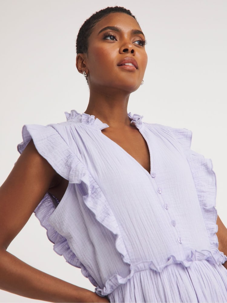 JD Williams Purple 100% Cotton Cheesecloth Smock Dress With Shirred Back - Image 4 of 4