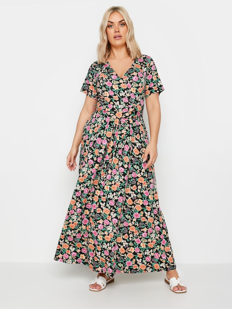 Yours Curve Pink & Orange Navy Blue Floral Print Wrap Maxi Dress - Image 1 of 5