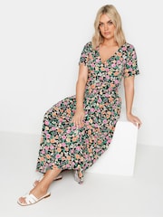 Yours Curve Pink & Orange Navy Blue Floral Print Wrap Maxi Dress - Image 2 of 5