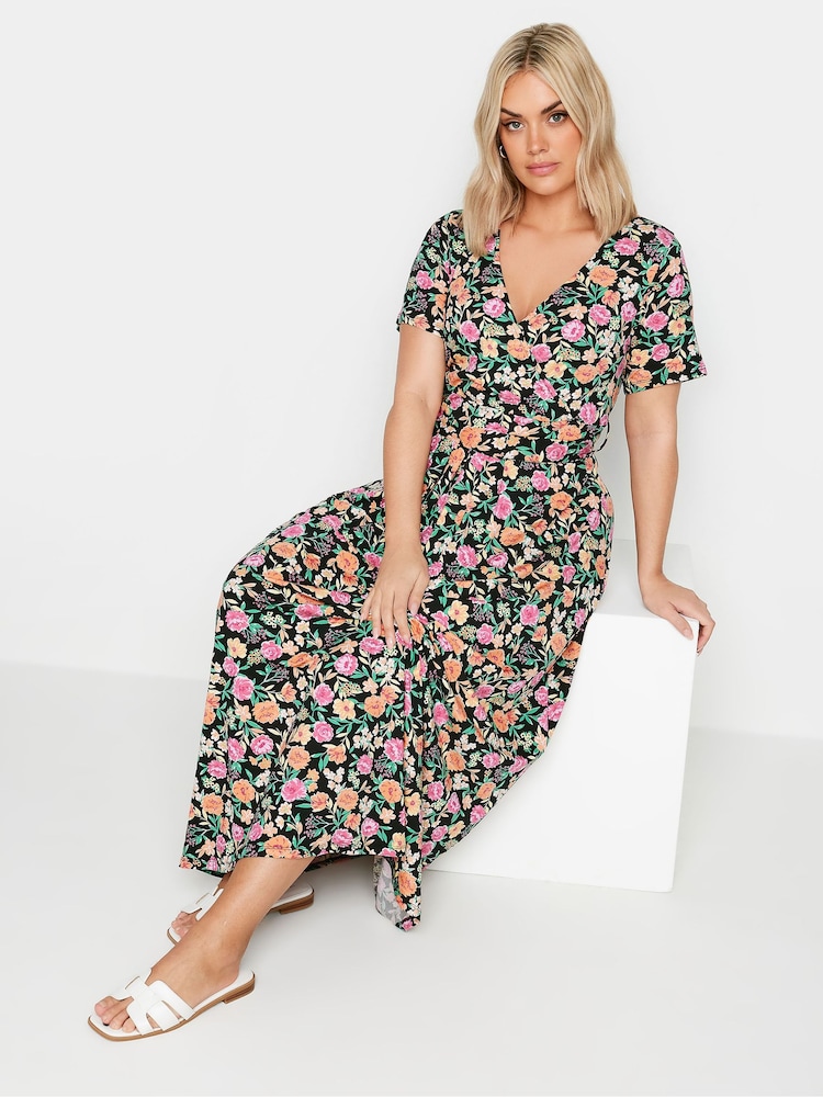Yours Curve Pink & Orange Navy Blue Floral Print Wrap Maxi Dress - Image 2 of 5