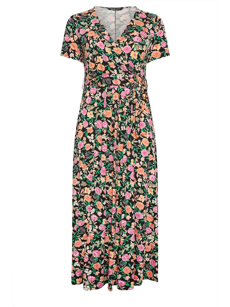 Yours Curve Pink & Orange Navy Blue Floral Print Wrap Maxi Dress - Image 5 of 5