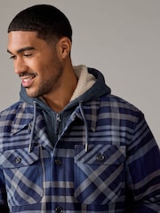 Navy Blue Check Hooded Borg Lined Shacket - Image 6 of 11